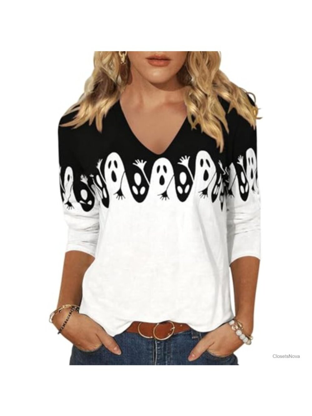 Women's 3/4 Sleeve V Neck Halloween Doodles Graphic T-Shirt Casual Fall Top